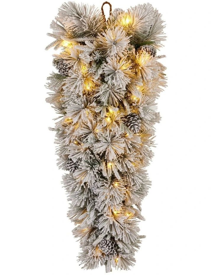 Christabelle 90cm Alpine Snow Christmas Wreath Teardrop Pre Lit Multi Function LED Timer Flocked image 2