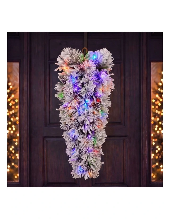 Christabelle 90cm Alpine Snow Christmas Wreath Teardrop Pre Lit Multi Function LED Timer Flocked image 3