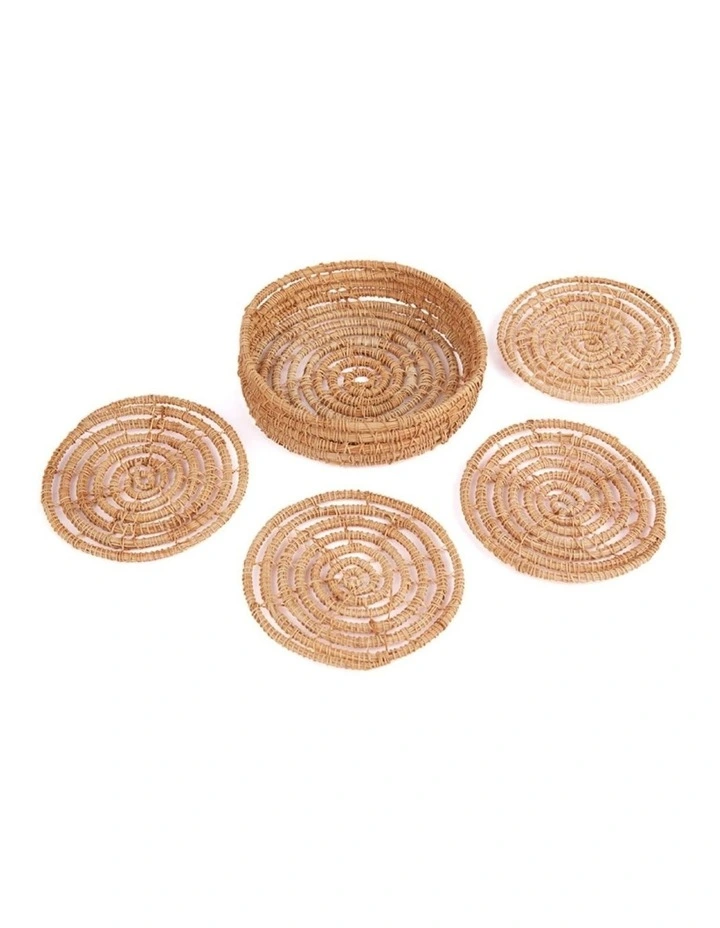 Fab Habitat Magpie Set Of 4 Palm Fibre Round Coasters with Holder image 1