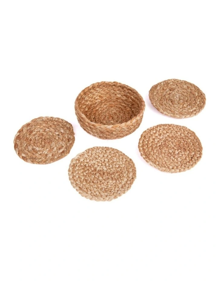Fab Habitat Willow Set Of 4 Natural Dining Jute Round Coaster with Holder image 1