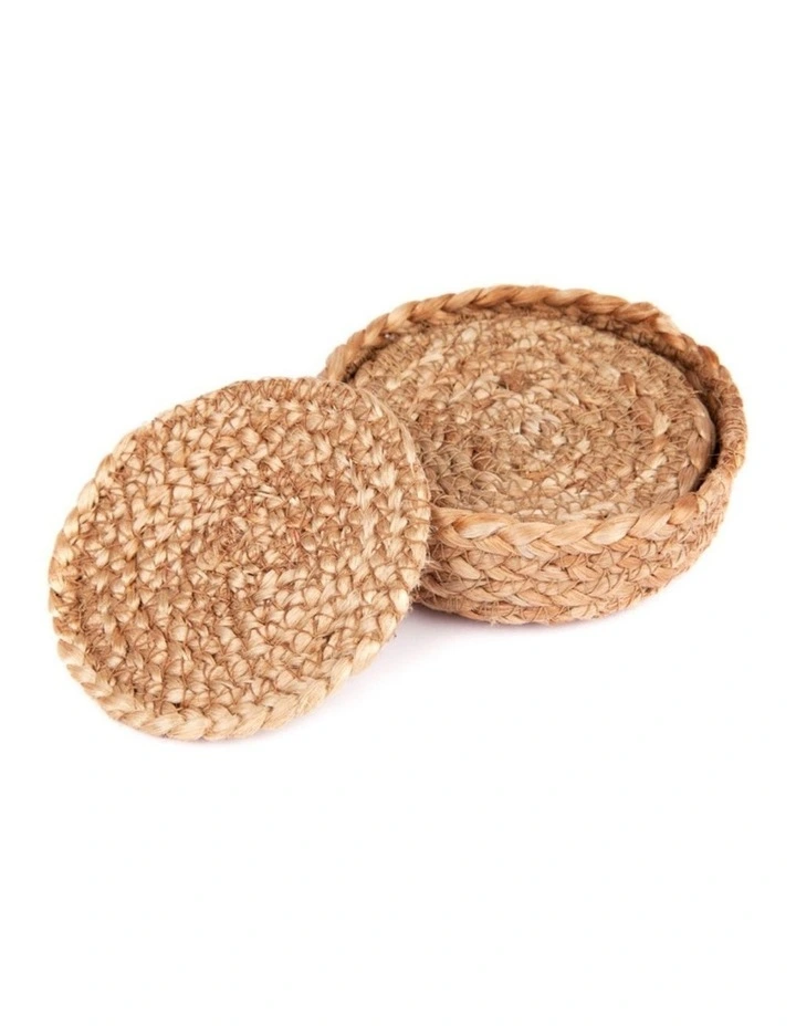 Fab Habitat Willow Set Of 4 Natural Dining Jute Round Coaster with Holder image 2