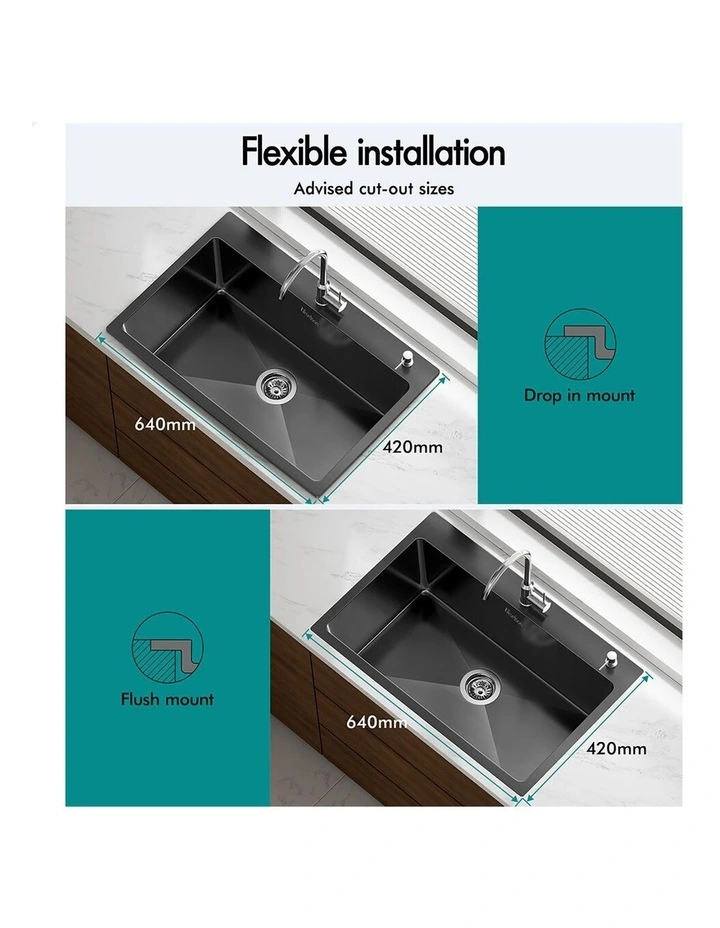 Kitchen Sink Stainless Steel Drop in Flush Single Bowl 680X450MM Black image 2