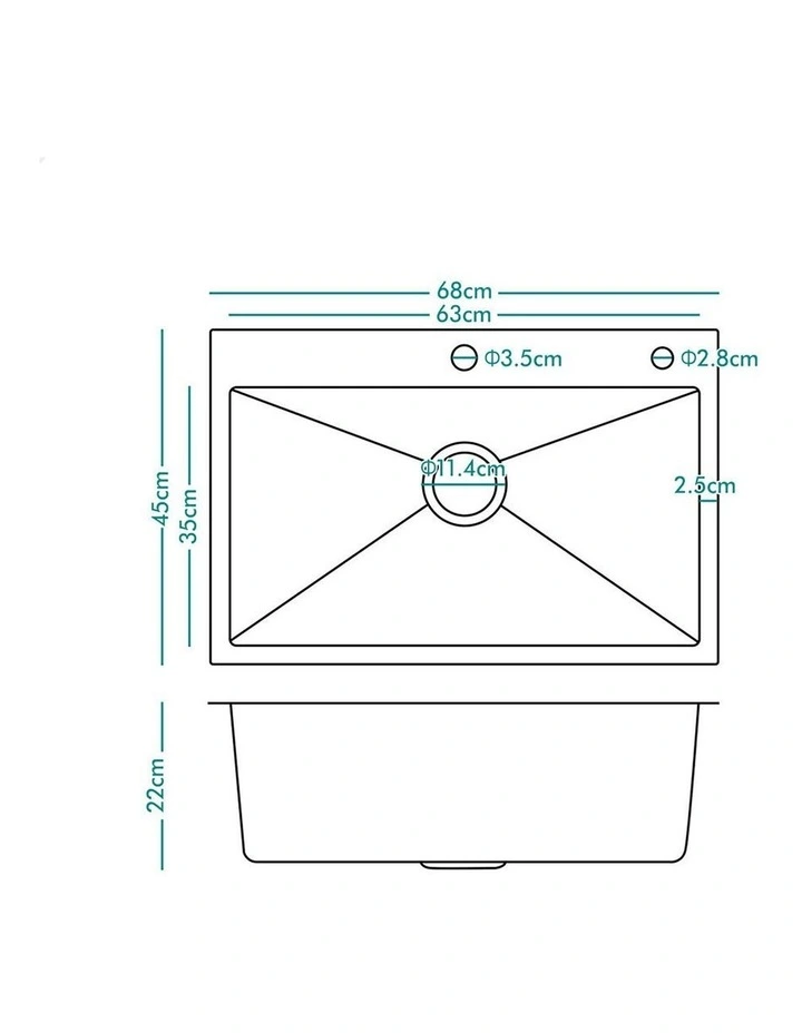 Kitchen Sink Stainless Steel Drop in Flush Single Bowl 680X450MM Black image 3