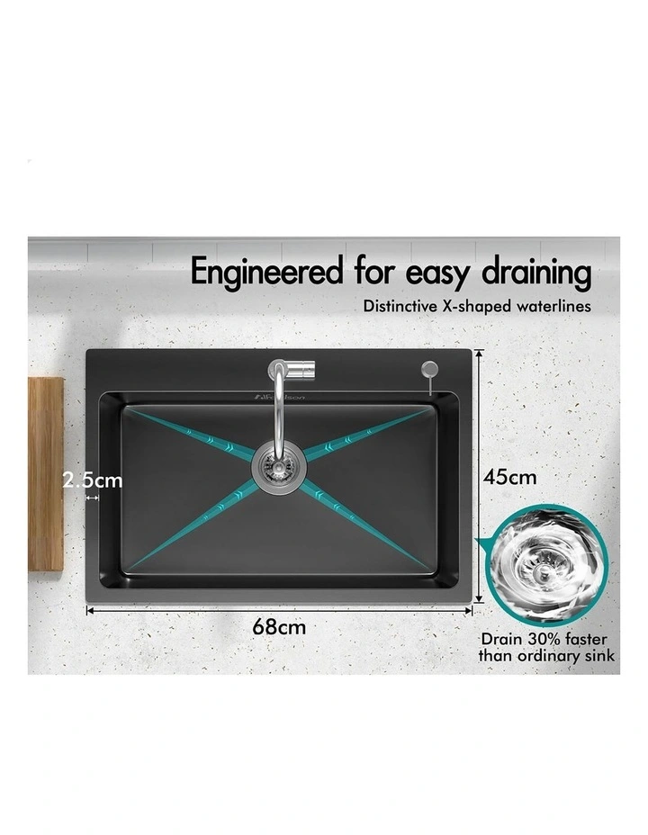 Kitchen Sink Stainless Steel Drop in Flush Single Bowl 680X450MM Black image 5
