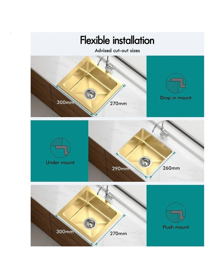 Kitchen Sink Stainless Steel Drop in Flush Under Mount 340X310MM Gold image 2