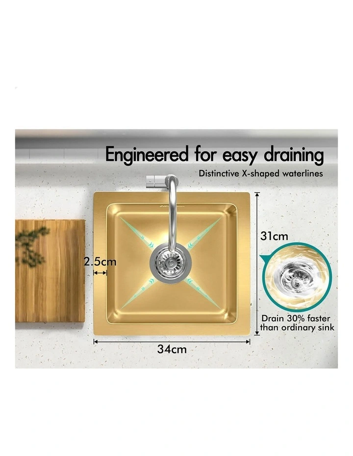 Kitchen Sink Stainless Steel Drop in Flush Under Mount 340X310MM Gold image 4
