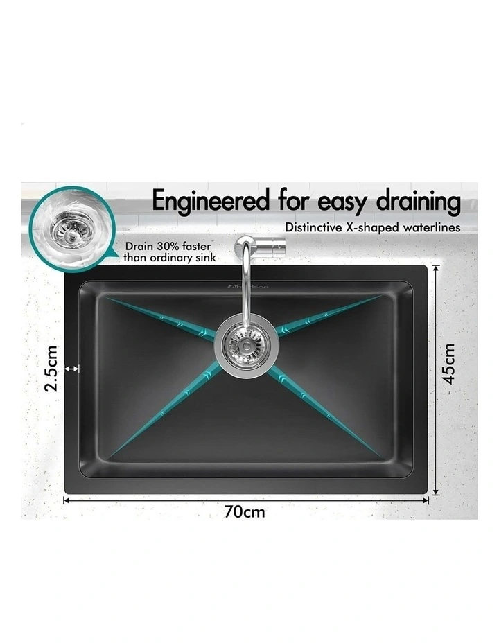 Kitchen Sink Stainless Steel Drop in Flush Under Mount 700X450MM Black image 4