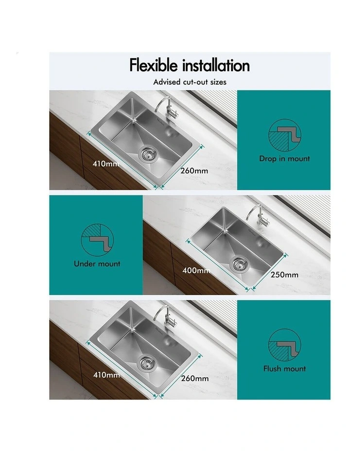 Kitchen Sink Stainless Steel Drop in Flush Under Mount Bowl 450X300MM image 2