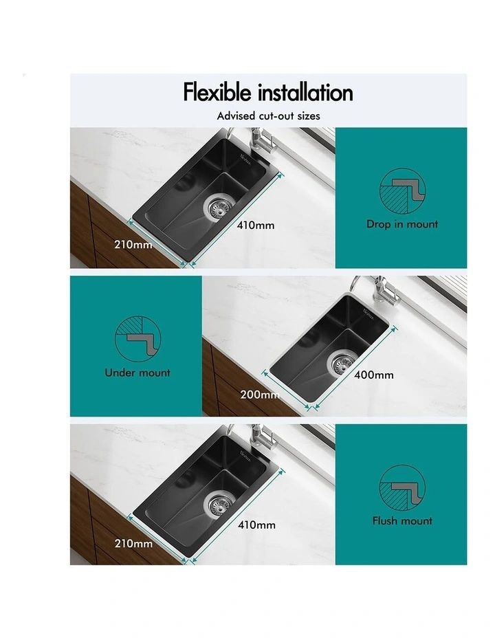 Kitchen Sink Stainless Steel Drop in Flush Under Mount 250X450MM Black image 3