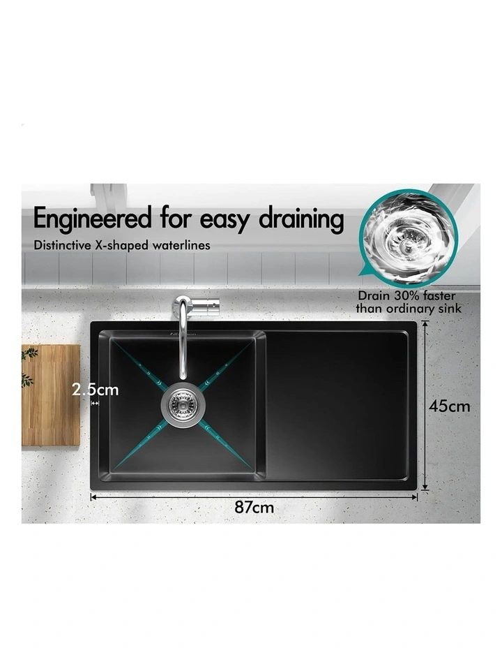 Kitchen Sink Stainless Steel Drop in Flush Under Mount 870X450MM Black image 5