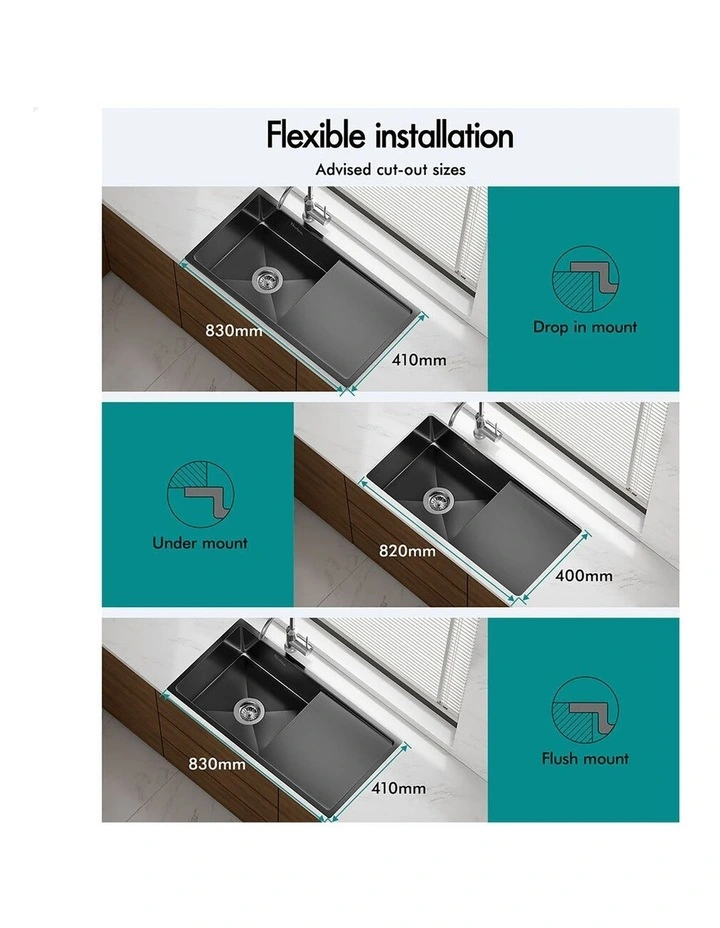 Kitchen Sink Stainless Steel Drop in Flush Under Mount 870X450MM Black image 7