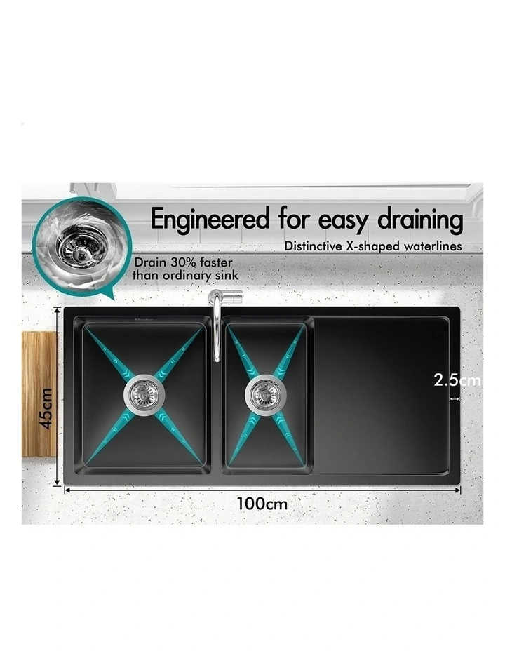 Kitchen Sink Stainless Steel Drop in Flush Under Mount 100X45CM Black image 4