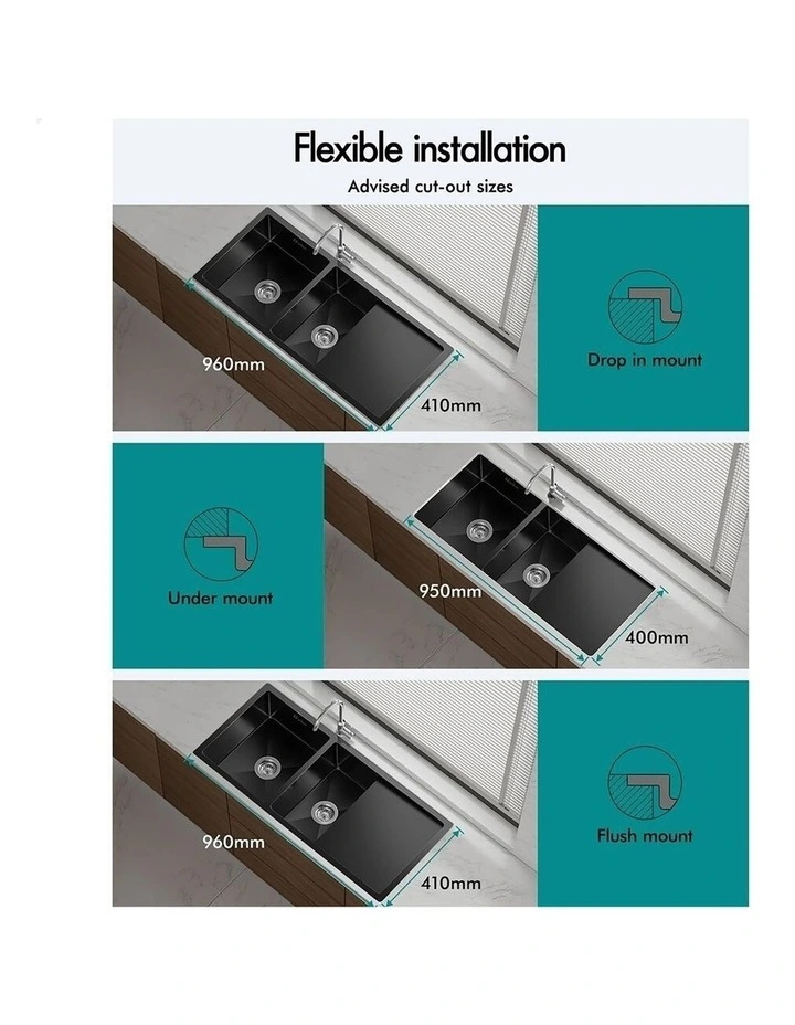 Kitchen Sink Stainless Steel Drop in Flush Under Mount 100X45CM Black image 5