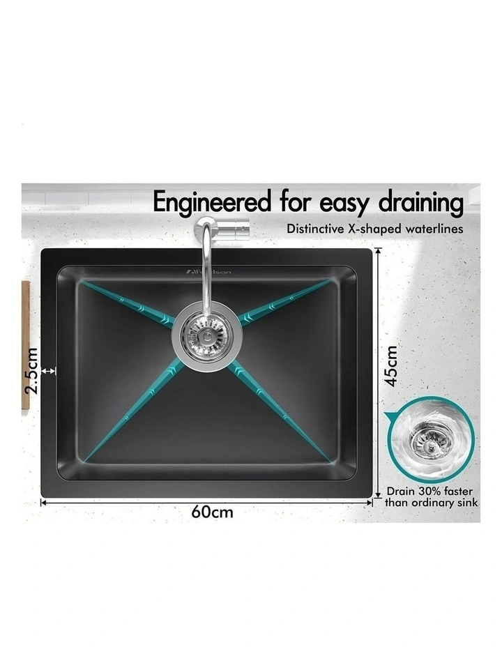 Kitchen Sink Stainless Steel Drop in Flush Single Bowl 600X450MM Black image 3