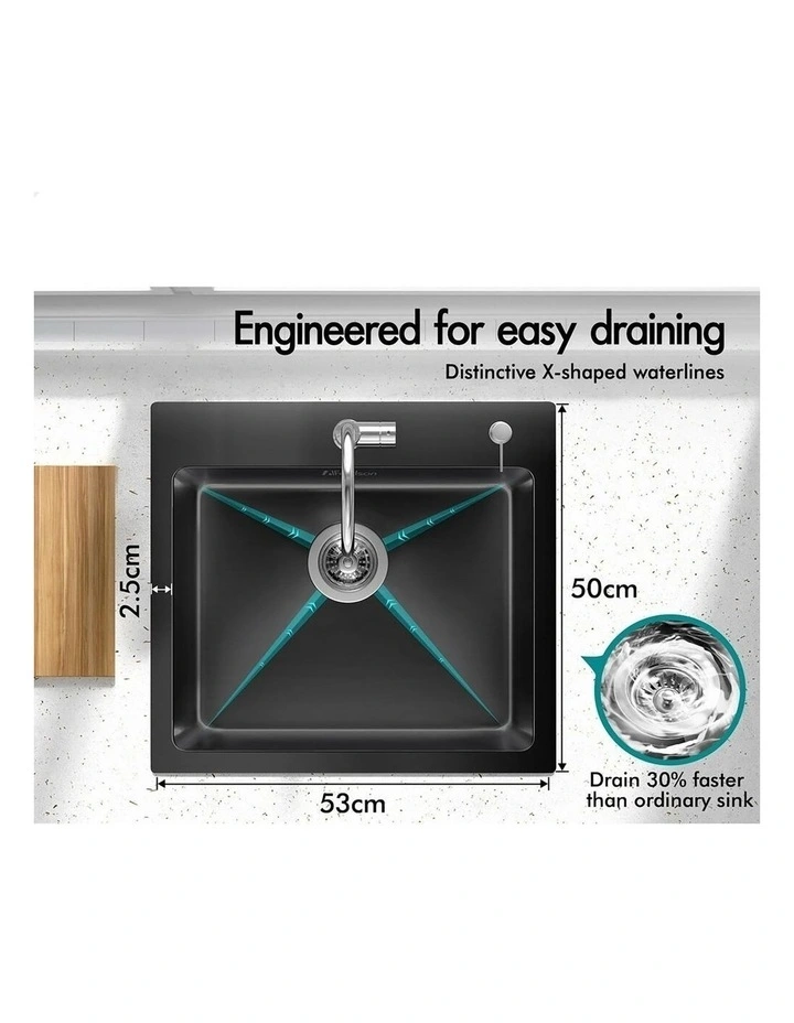 Kitchen Sink Stainless Steel Drop in Flush Single Bowl 530X500MM Black image 4
