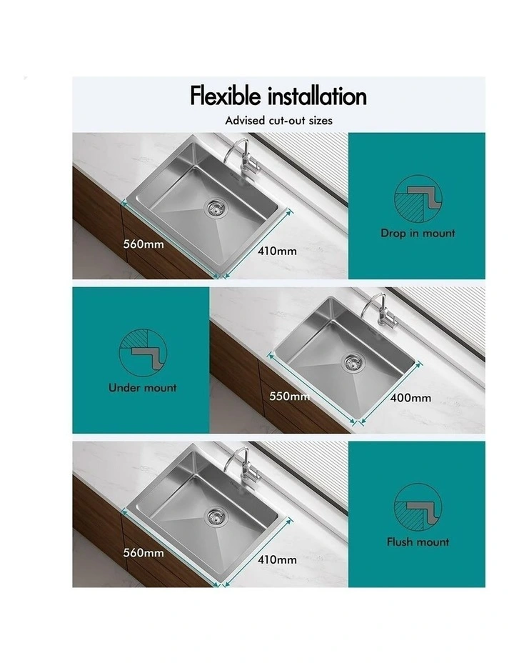Kitchen Sink Stainless Steel Drop in Flush Under Mount Bowl 600X450MM image 5