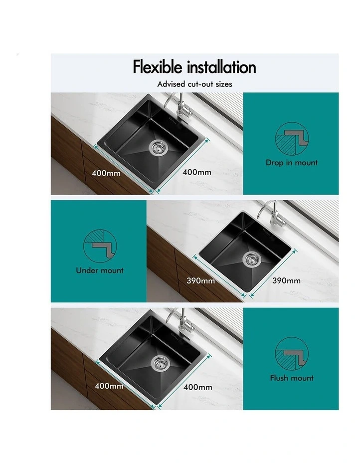 Kitchen Sink Stainless Steel Drop in Flush Under Mount 440X440MM Black image 2