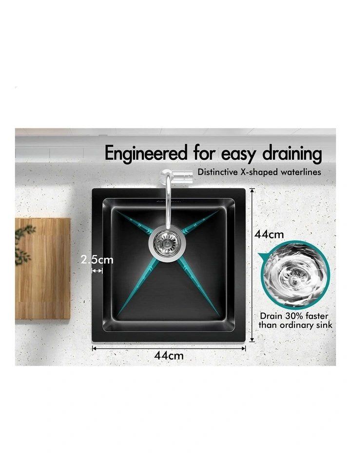 Kitchen Sink Stainless Steel Drop in Flush Under Mount 440X440MM Black image 3
