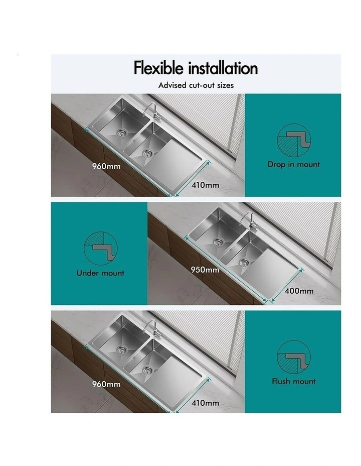 Kitchen Sink Stainless Steel Drop in Flush Under Mount Bowl 1000X450MM image 3