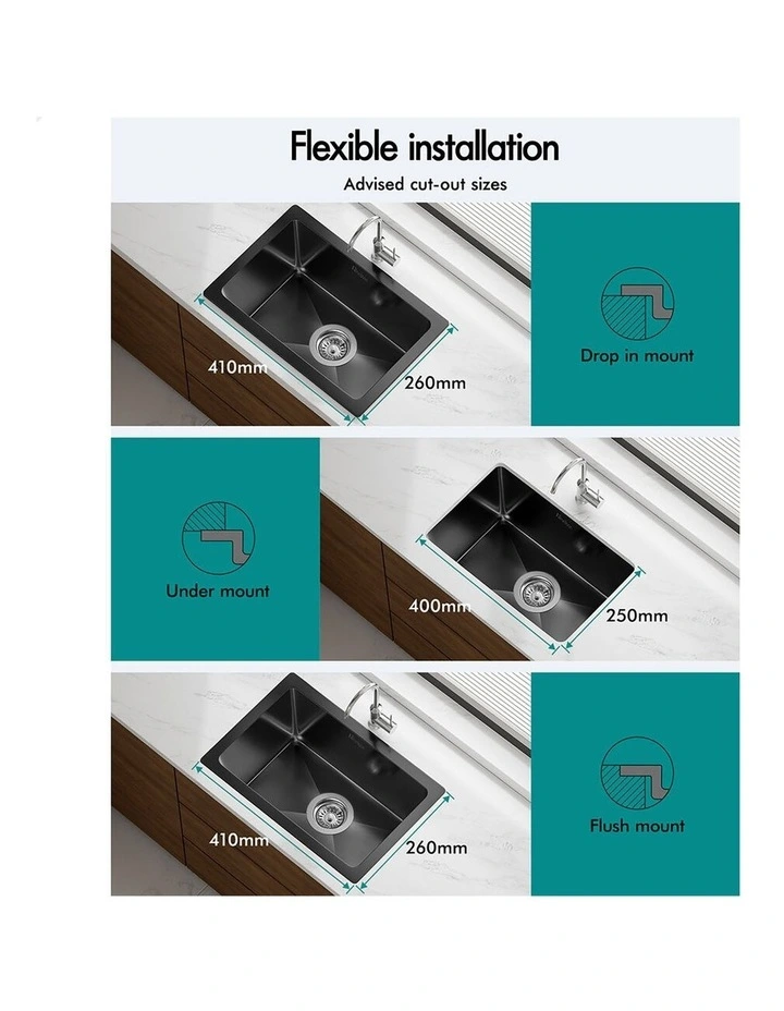 Kitchen Sink Stainless Steel Drop in Flush Under Mount 450X300MM Black image 2