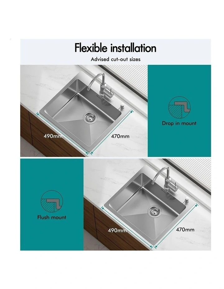 Kitchen Sink Stainless Steel Drop in Flush Single Bowl 530X500MM Silver image 2