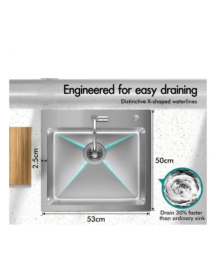 Kitchen Sink Stainless Steel Drop in Flush Single Bowl 530X500MM Silver image 4