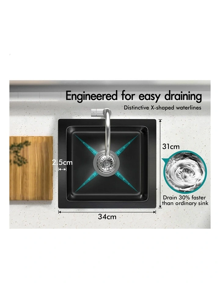Kitchen Sink Stainless Steel Drop in Flush Under Mount 340X310MM Black image 3