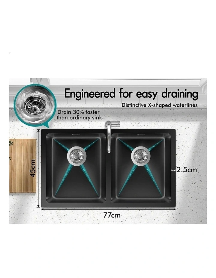 Kitchen Sink Stainless Steel Drop in Flush Under Mount 770X450MM Black image 5