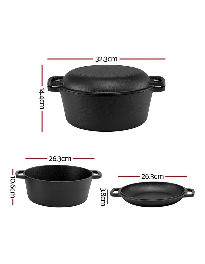 5-Star Chef 5L 2-In-1 Pre-Seasoned Cast Iron Dutch Oven Pot with Lid Dual Handles image 3