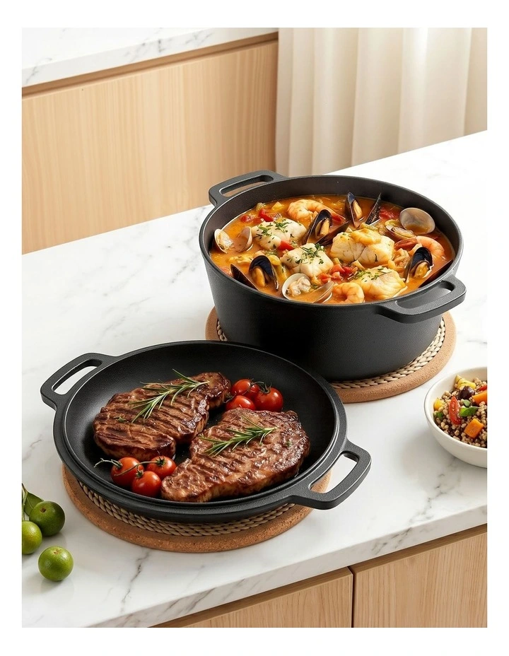 5-Star Chef 5L 2-In-1 Pre-Seasoned Cast Iron Dutch Oven Pot with Lid Dual Handles image 4