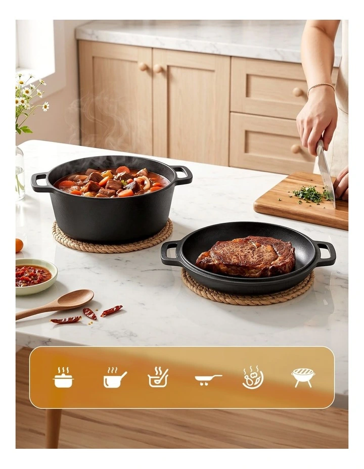 5-Star Chef 5L 2-In-1 Pre-Seasoned Cast Iron Dutch Oven Pot with Lid Dual Handles image 5