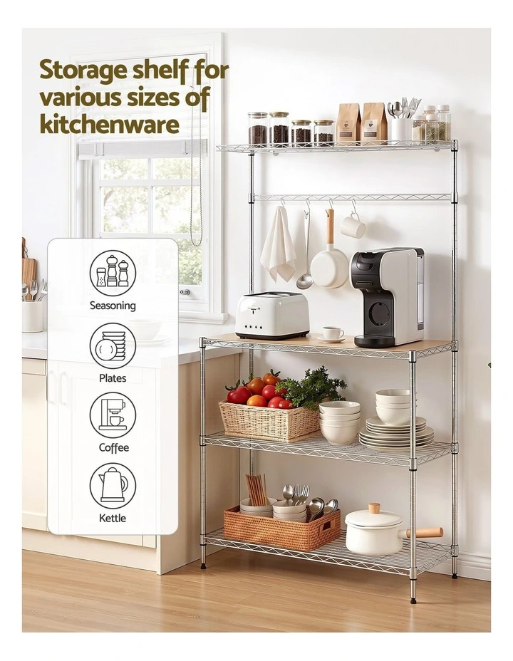 Artiss 4-Tier Metal Kitchen Rack Shelf Silver Storage Shelves Organizer Microwave Stand 90cmx151cm image 3