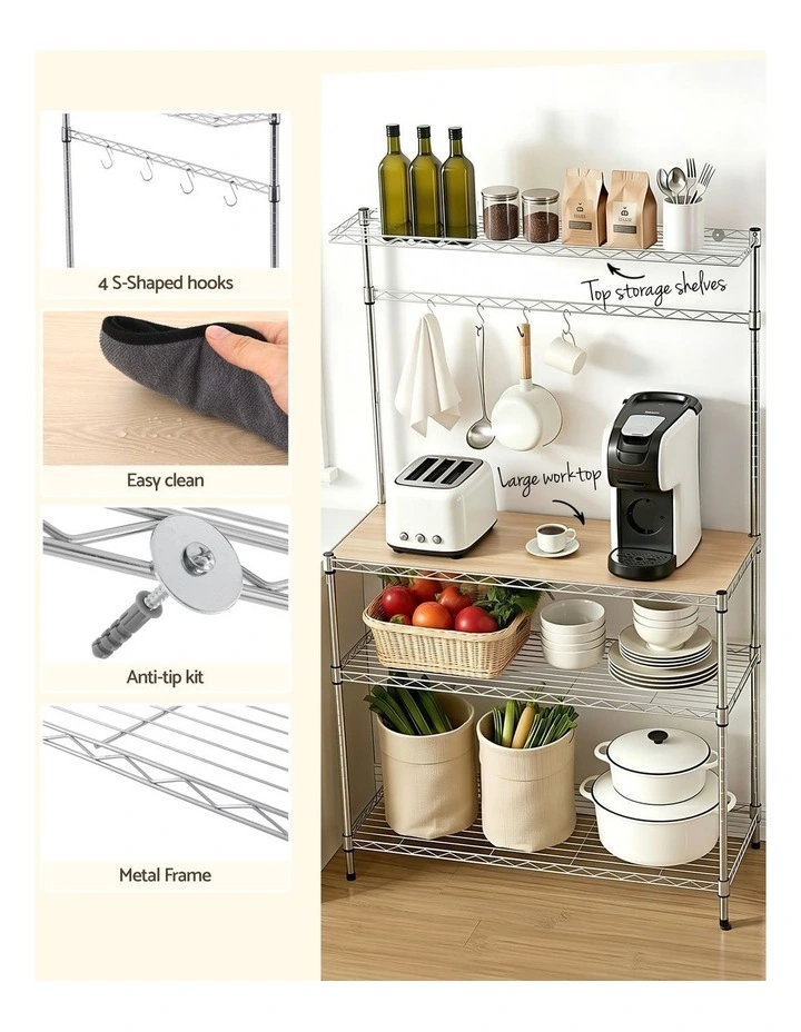 Artiss 4-Tier Metal Kitchen Rack Shelf Silver Storage Shelves Organizer Microwave Stand 90cmx151cm image 4