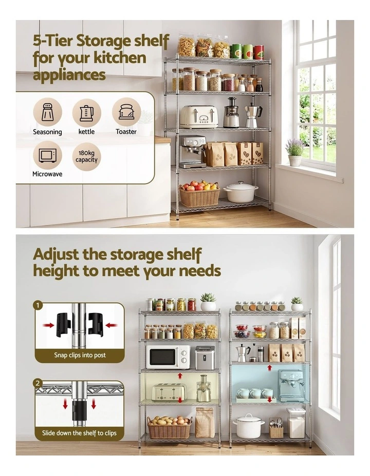 Artiss 5-Tier Kitchen Rack Shelf Shelving 120x45x179CM Adjustable Metal Storage Shelves image 4