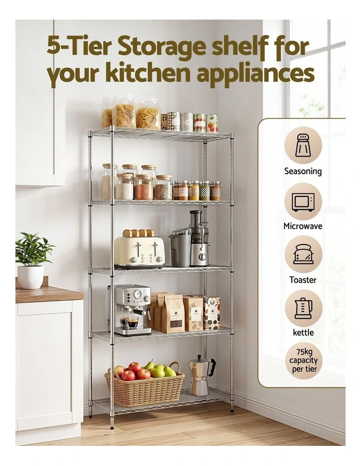 Artiss 5-Tier Kitchen Rack Shelf Shelving 90x35x182CM Adjustable Metal Storage Shelves image 4