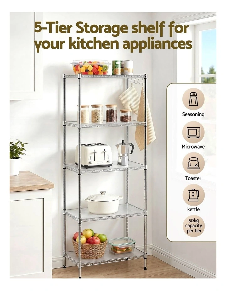 Artiss 5-Tier Kitchen Rack Shelf Shelving Unit 60x35x150CM Adjustable Metal Storage Shelves Silver image 4