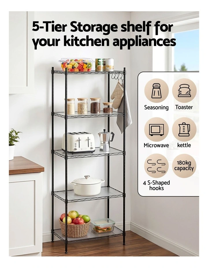 Artiss 5-Tier Kitchen Rack Shelf Shelving Unit 55x30x150CM Adjustable Metal Storage Shelves Black image 4