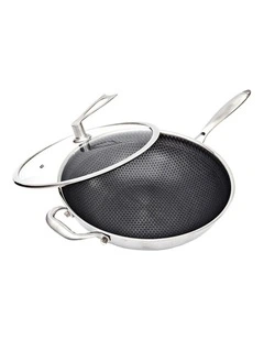 SOGA Stainless Steel Non-Stick Wok with Glass Lid 34cm Helper Handle