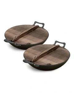 SOGA 2X 36cm Commercial Cast Iron Wok with Wooden Lid