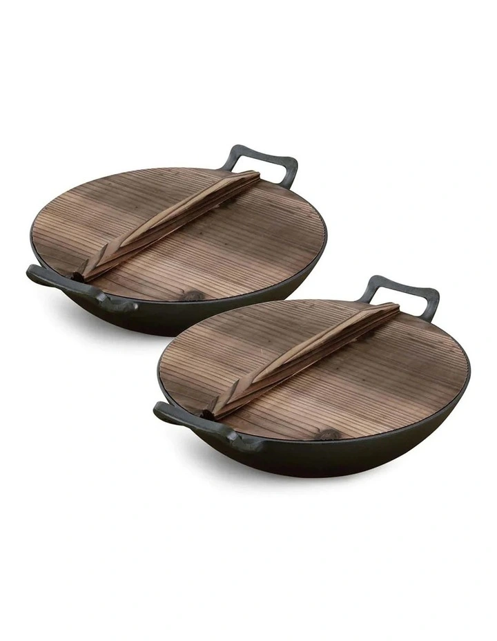 SOGA 2X 36cm Commercial Cast Iron Wok with Wooden Lid image 1