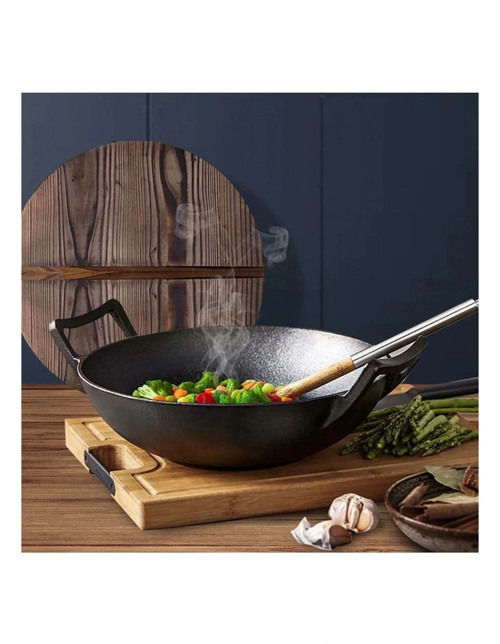 SOGA 2X 36cm Commercial Cast Iron Wok with Wooden Lid image 3
