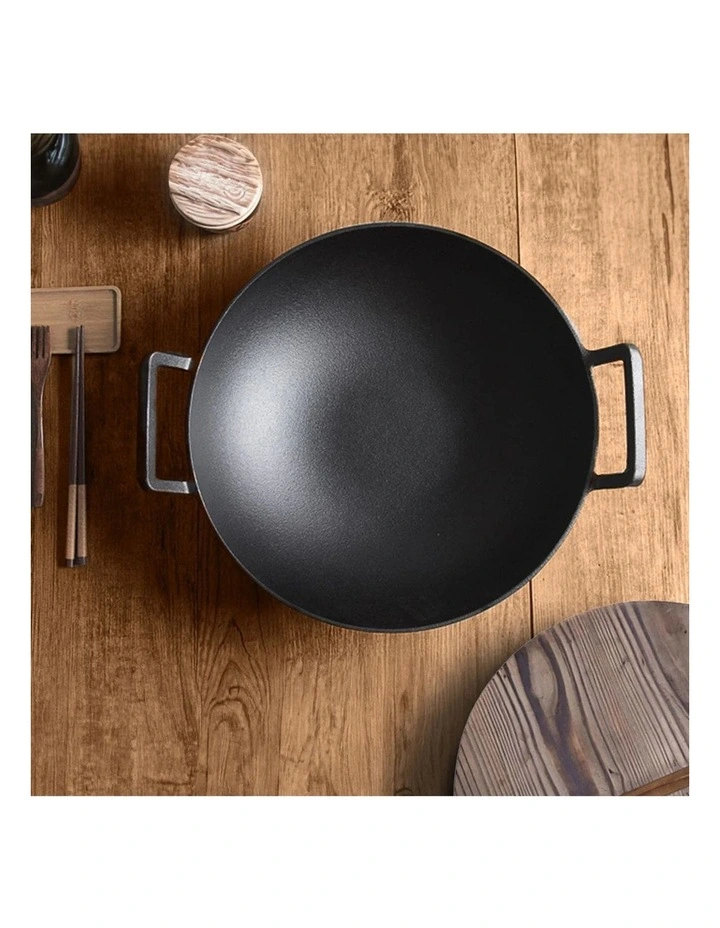 SOGA 2X 36cm Commercial Cast Iron Wok with Wooden Lid image 4