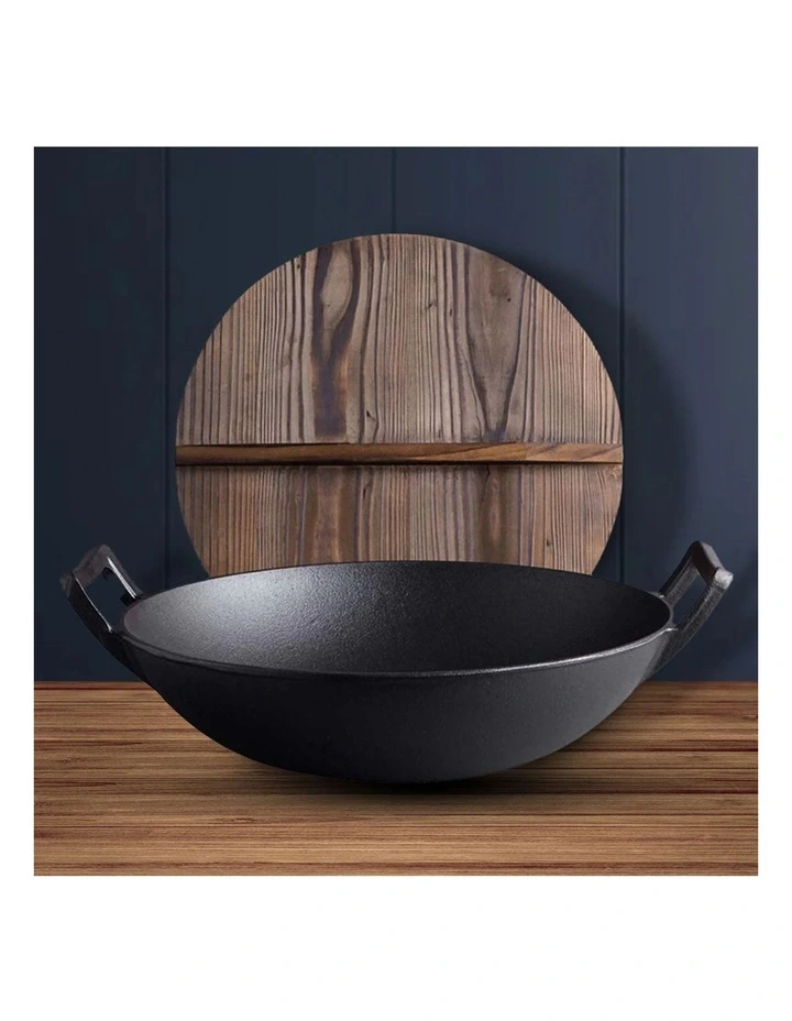 SOGA 2X 36cm Commercial Cast Iron Wok with Wooden Lid image 6