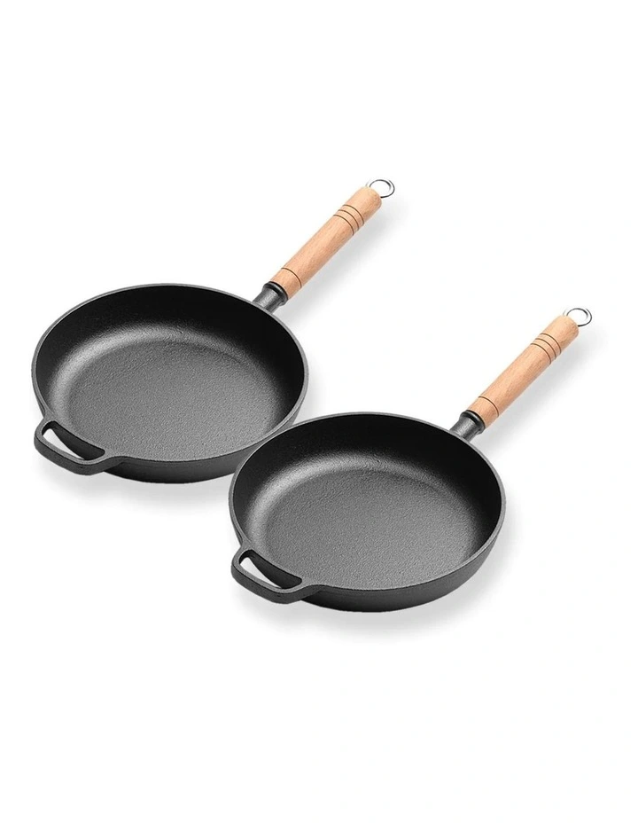 SOGA 2X 25cm Round Cast Iron Frying Pan Skillet Steak Sizzle Platter with Helper Handle image 1