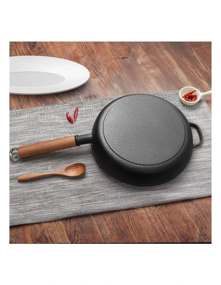 SOGA 2X 25cm Round Cast Iron Frying Pan Skillet Steak Sizzle Platter with Helper Handle image 3