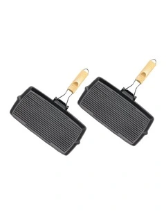 SOGA 2X 20.5cm Cast Iron Rectangular Griddle Pan with Folding Wooden Handle