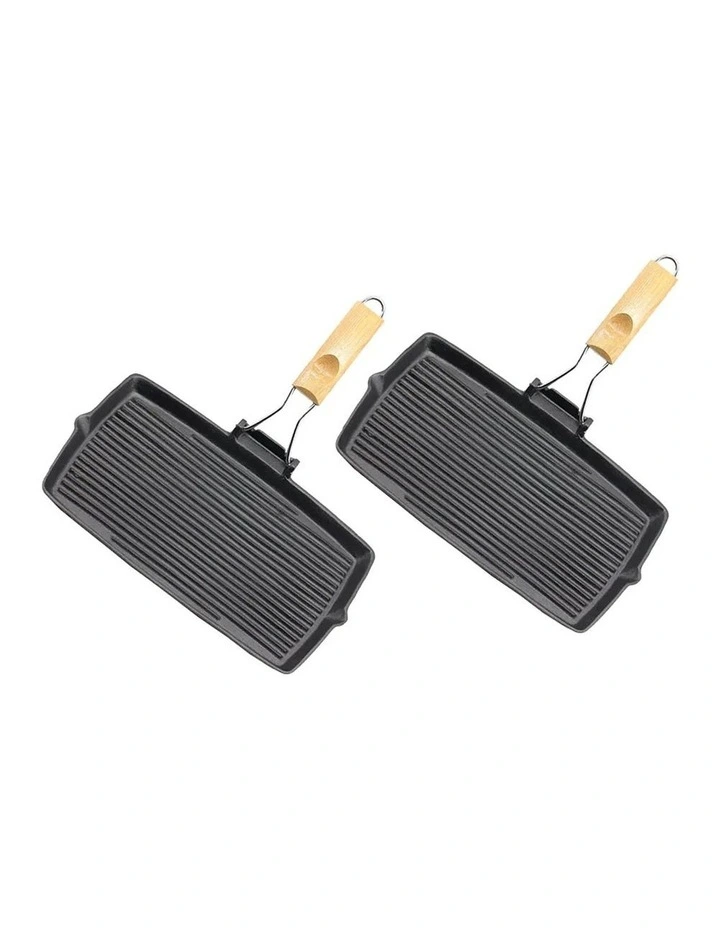 SOGA 2X 20.5cm Cast Iron Rectangular Griddle Pan with Folding Wooden Handle image 1