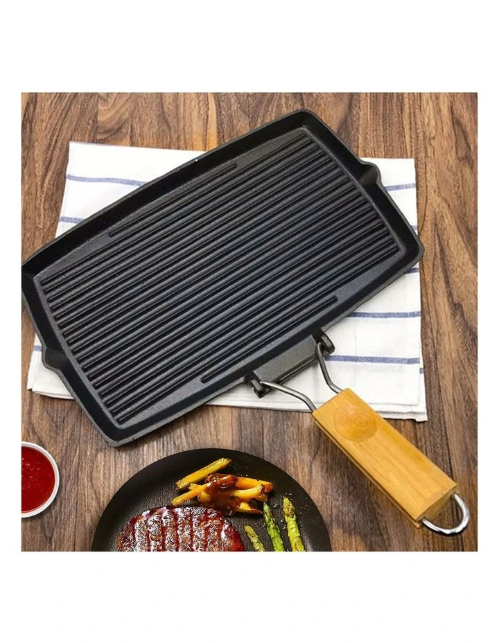 SOGA 2X 20.5cm Cast Iron Rectangular Griddle Pan with Folding Wooden Handle image 2