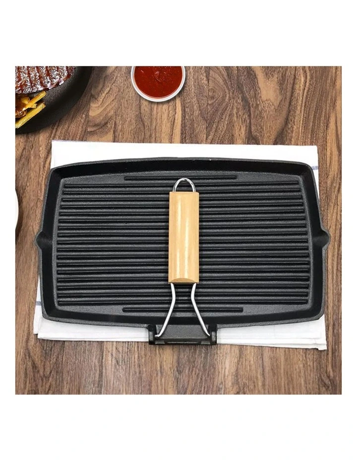 SOGA 2X 20.5cm Cast Iron Rectangular Griddle Pan with Folding Wooden Handle image 3