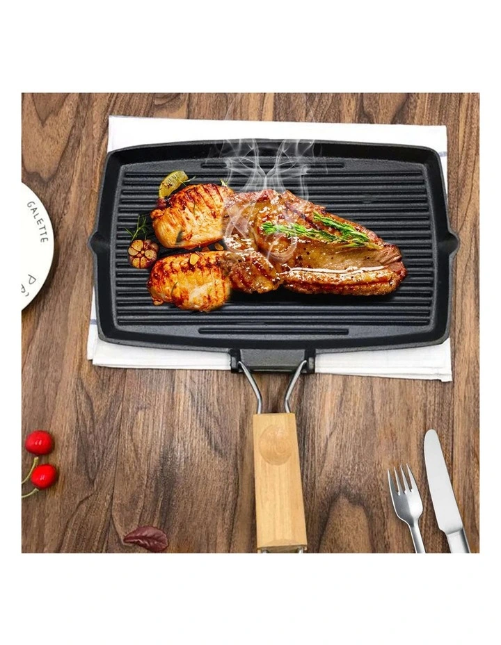SOGA 2X 20.5cm Cast Iron Rectangular Griddle Pan with Folding Wooden Handle image 5